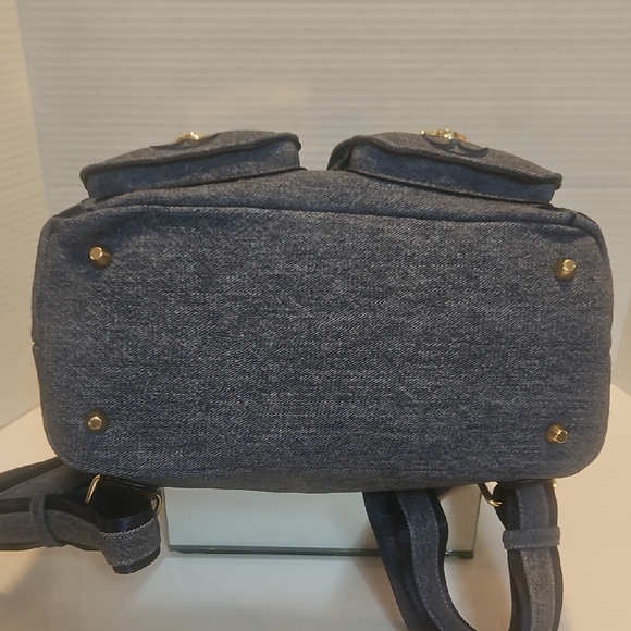Elegant Faux Leather Denim Like Blue Backpack with Gold Hardware main image 13